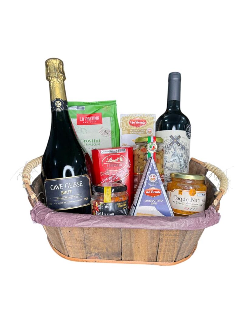 Cesta queijos, espumante e vinho